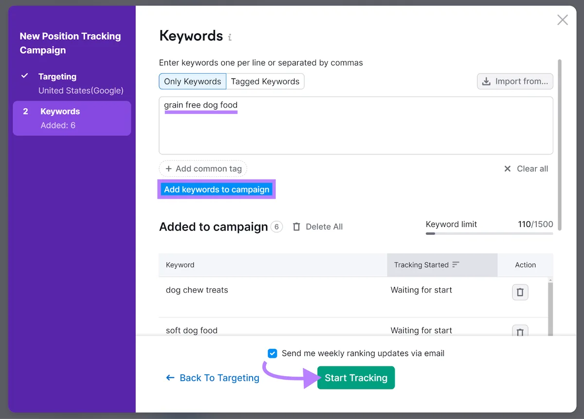 关键词配置步骤，箭头指向 Start Tracking 按钮