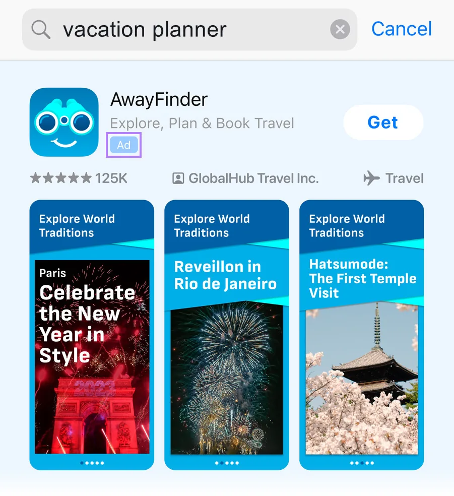 App Store 中针对“vacation planner”搜索出现的应用广告