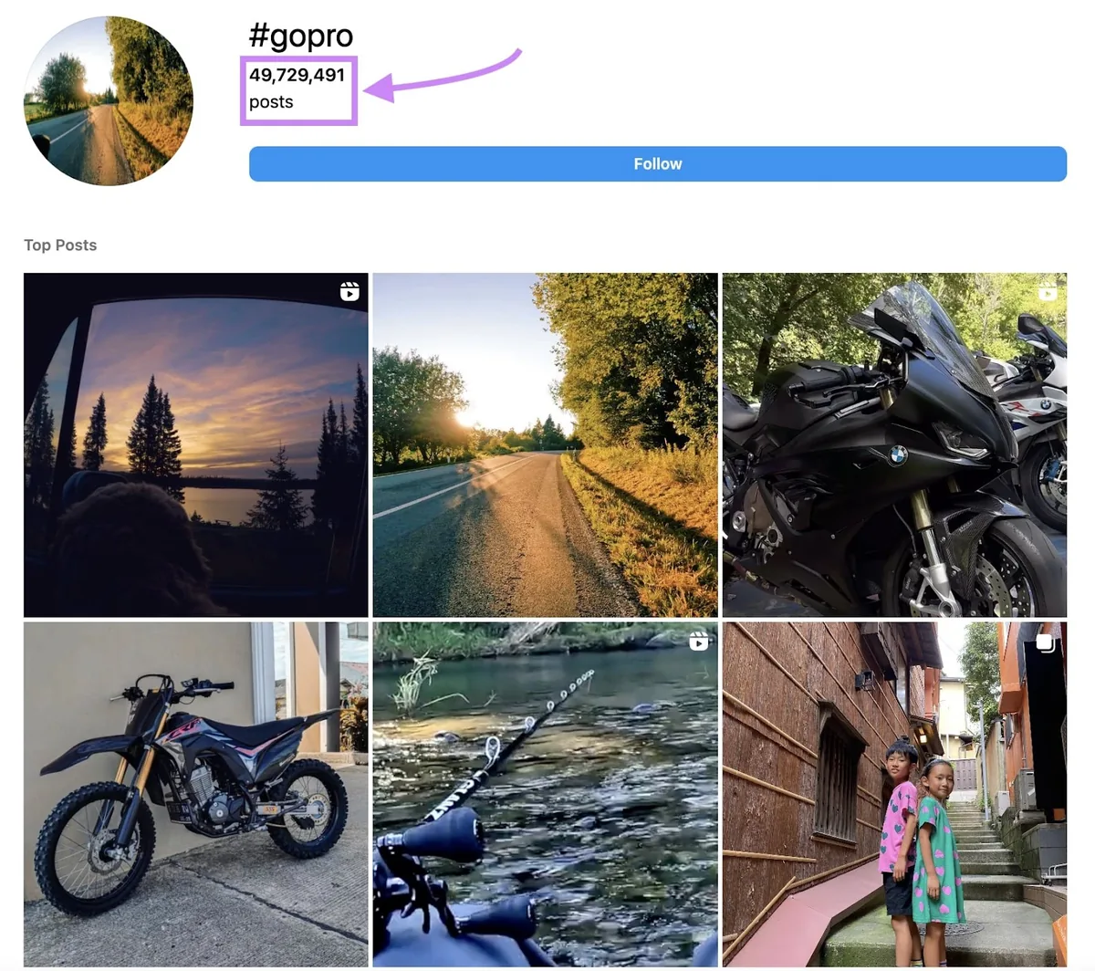 Instagram 上的 #GoPro 话题标签页面
