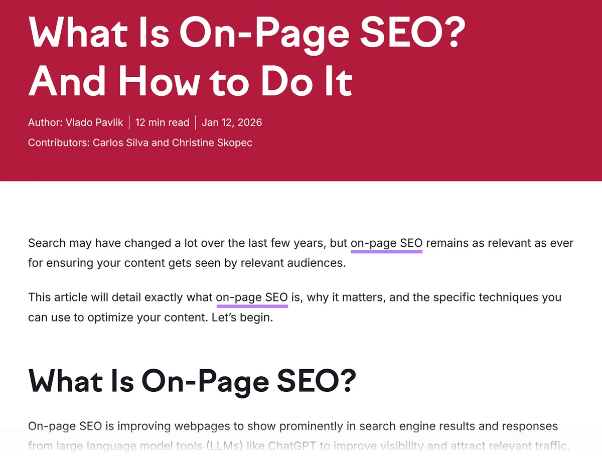 Semrush 博客文章“What Is On-Page SEO? And How to Do It,”的标题和引言,引言中主关键词高亮两次。