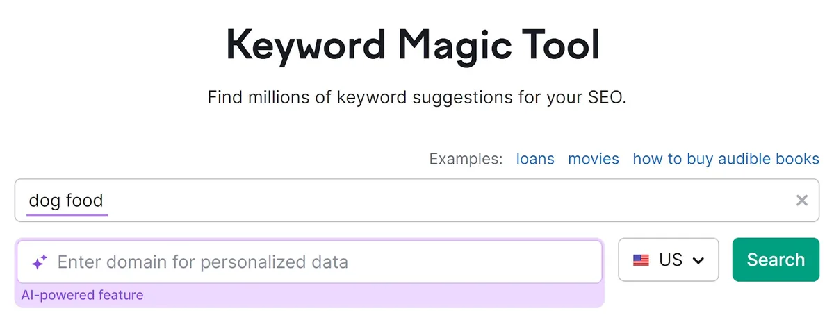 Keyword Magic Tool,“dog food”关键词已高亮显示。