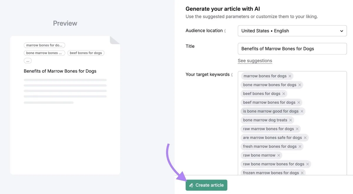 Content Toolkit 上的“Generate your article with AI”窗口,点击了“Create article”。