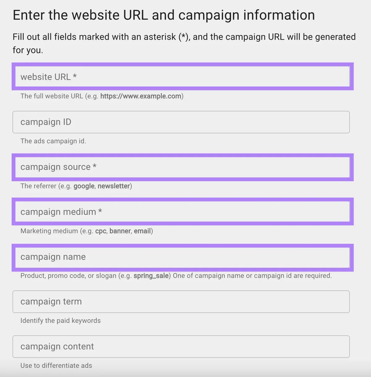 在 Google 的 Campaign URL Builder 上输入网站 URL 和广告系列信息(如来源、媒介、名称、词项等)的页面