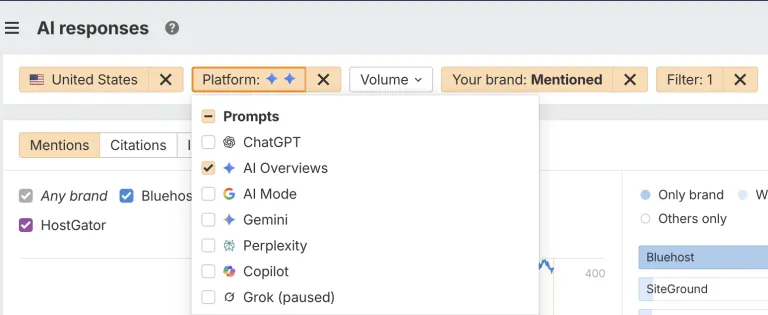 Brand Radar 的 AI responses 筛选条件,已选中 AI Overviews 并启用品牌提及筛选器。