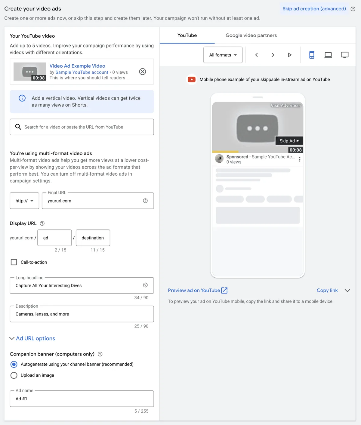 在 Google Ads 中使用上传的 YouTube 视频创建视频广告