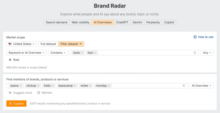 Brand Radar：检查项目管理品牌在 AI Overviews 中的可见度。
