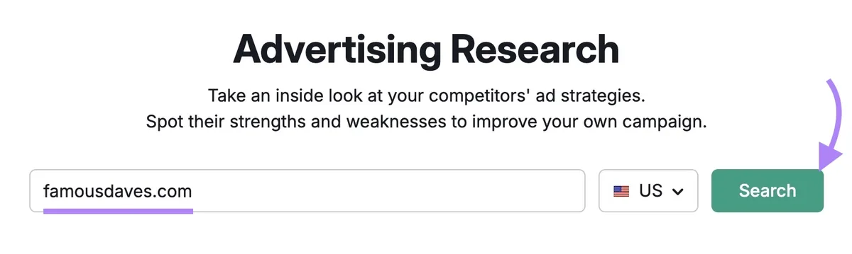 Advertising Research 工具起始界面,已输入竞品域名并点击“Search”按钮。