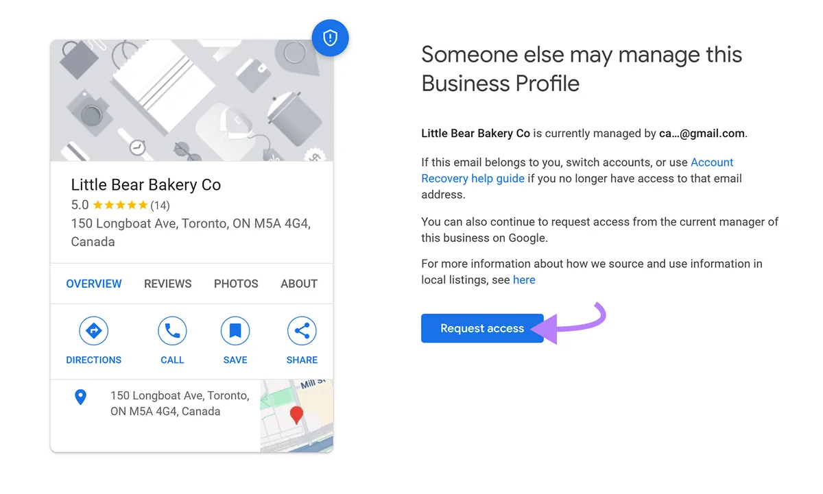 Google 商家资料,箭头指向“Request access”按钮。