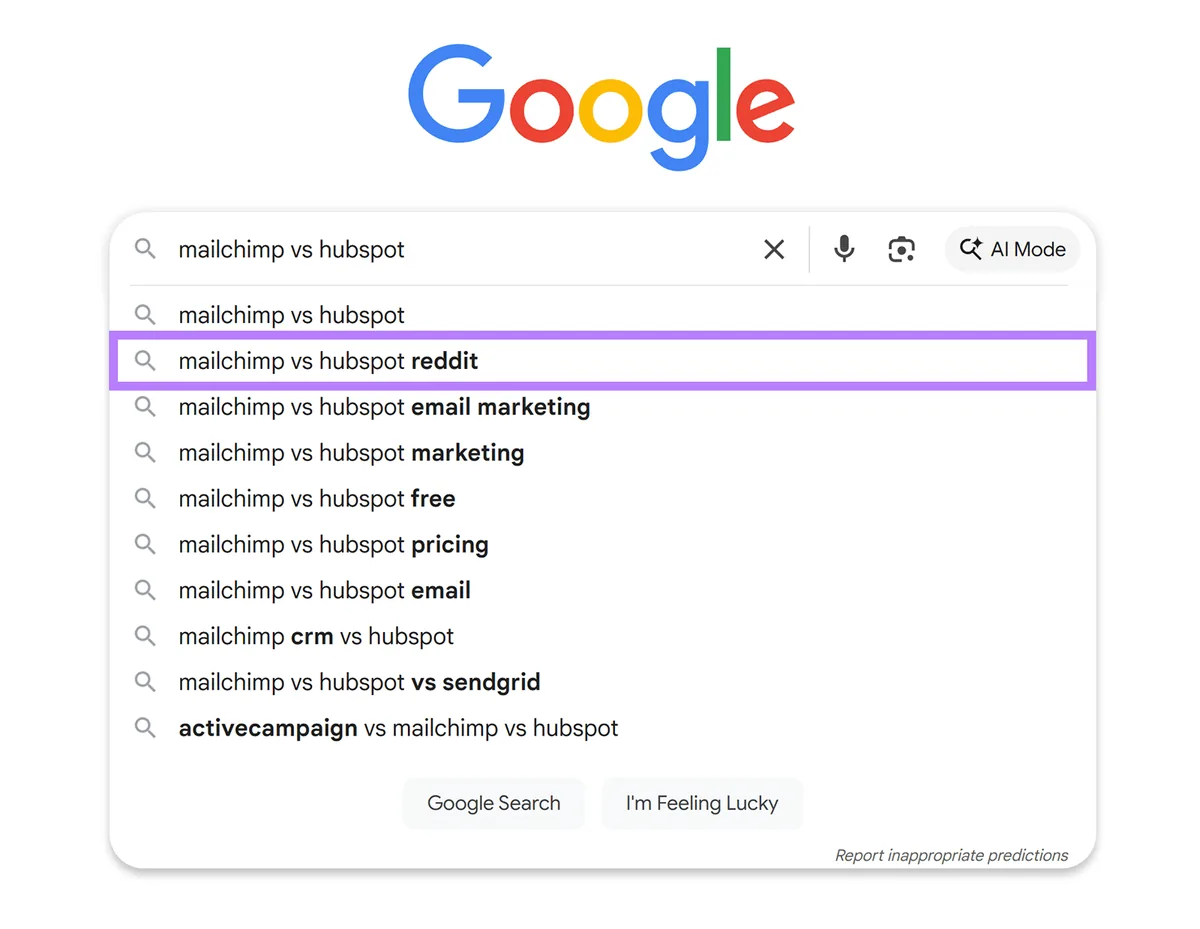 Google 自动补全,“mailchimp vs hubspot reddit”已高亮显示。