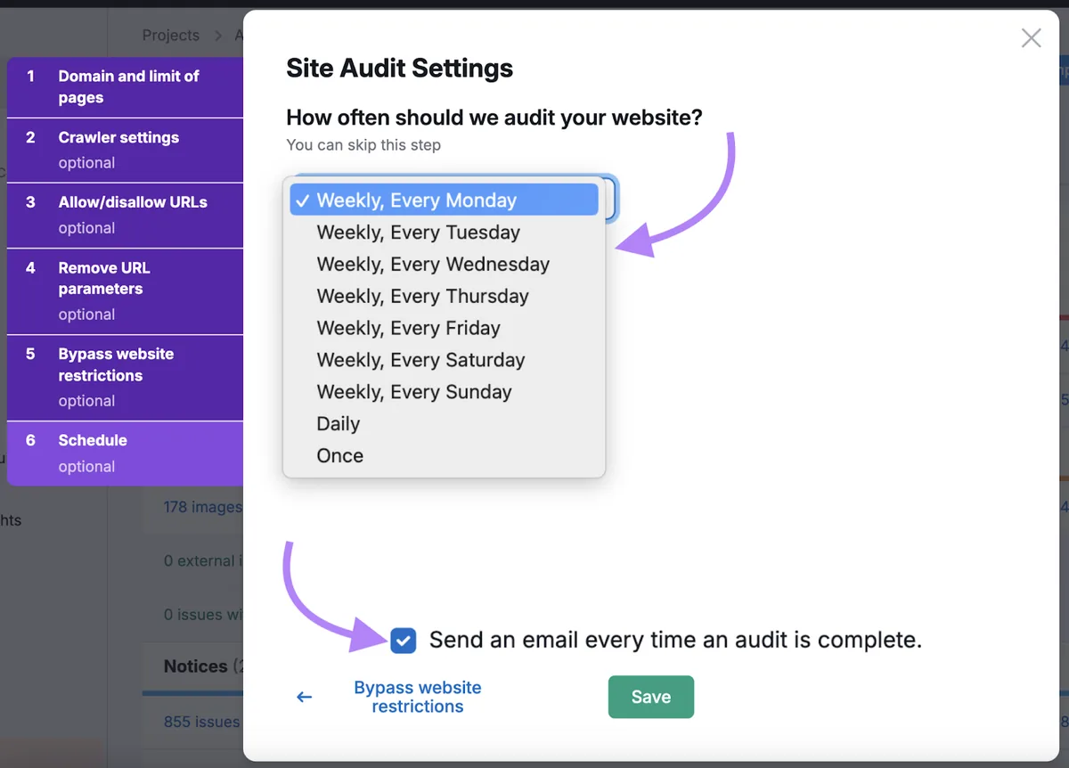 Site Audit Settings 向导，可选择每周的某一天或每天运行审计。勾选复选框可在审计完成后发送电子邮件。
