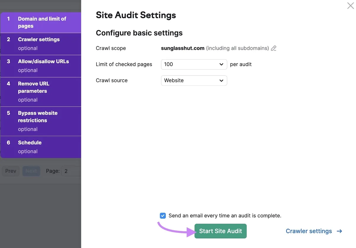 “Site Audit 设置”窗口