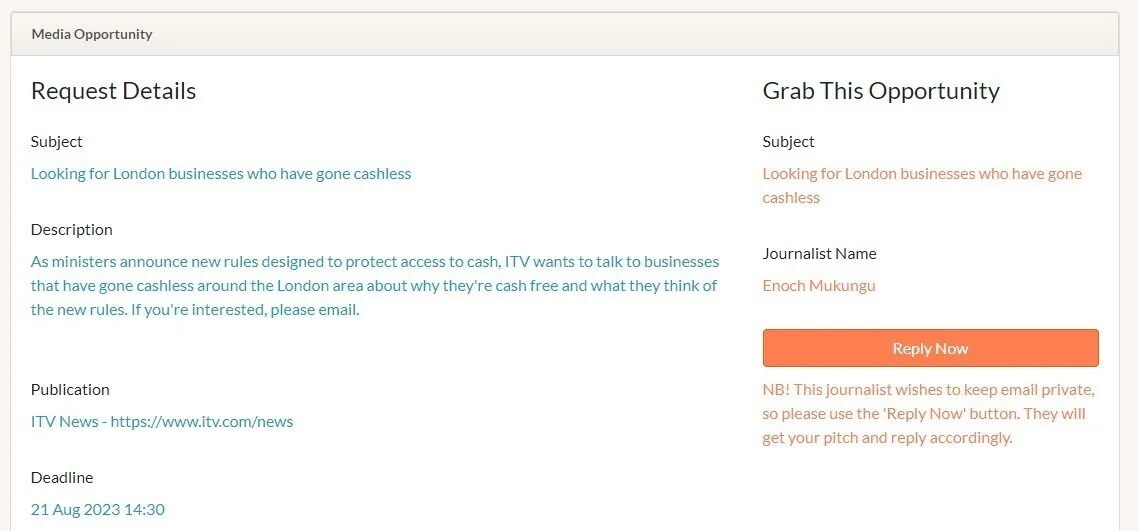 PressPlugs 中的“Media opportunity”部分，左侧显示“Request Details”，右侧显示“Grab This Opportunity”。