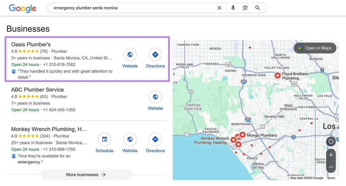 圣莫尼卡紧急水暖工的 Google 搜索结果,地图和热门商家列表已高亮显示