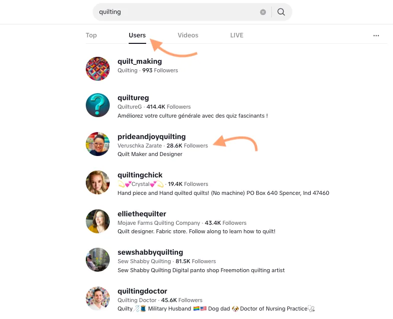 TikTok 上标签页的截图,选中了 Users 标签页。