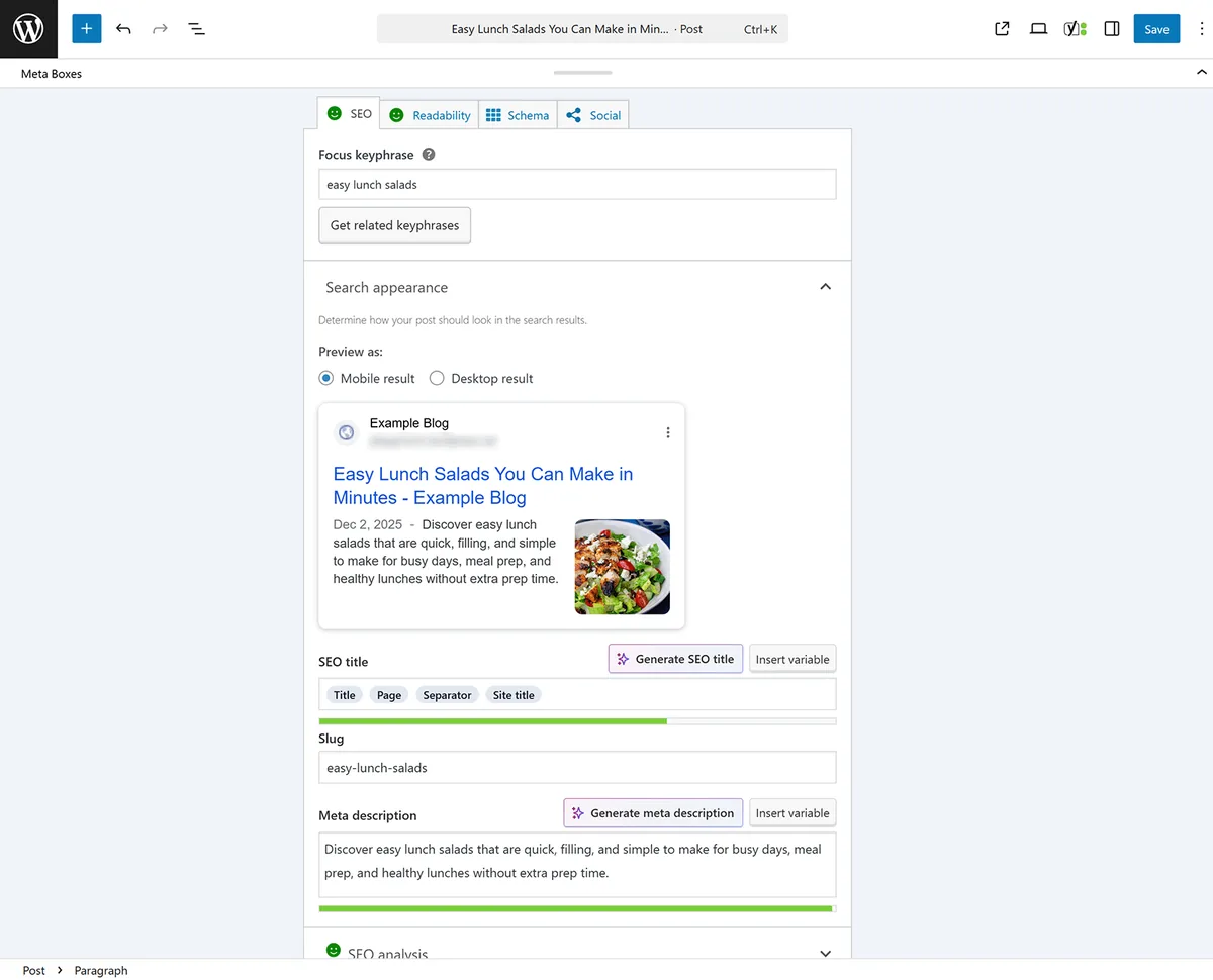 WordPress Yoast SEO 面板，显示 SEO 标题、slug 和元描述预览字段。