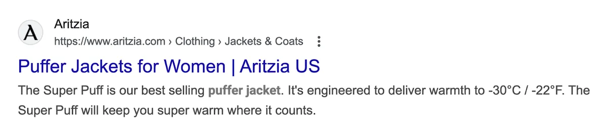 产品页面标题标签为“puffer jackets for women, Artizia US”。