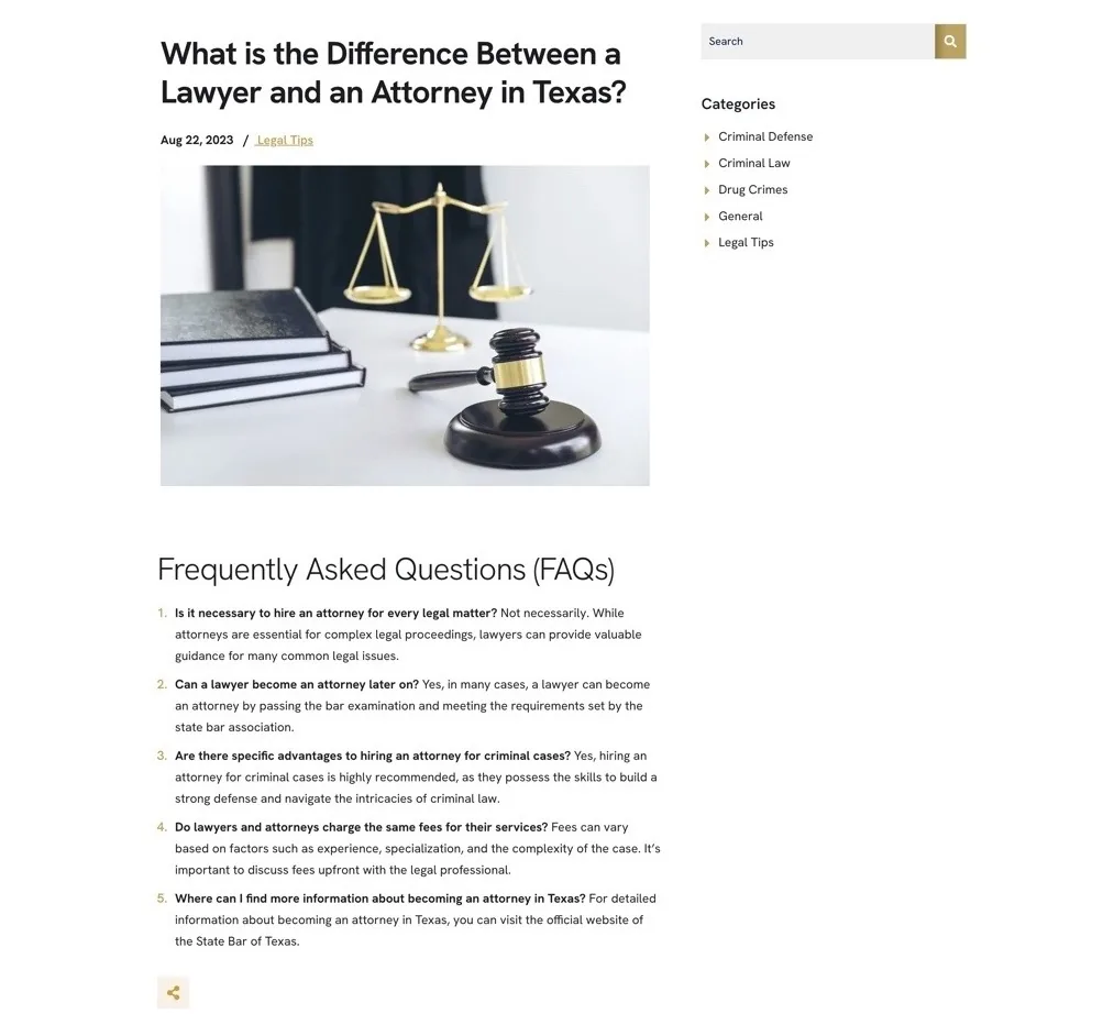 Baron & Associates 某篇博客文章的 FAQ 区块,针对一个信息意图的关键词。