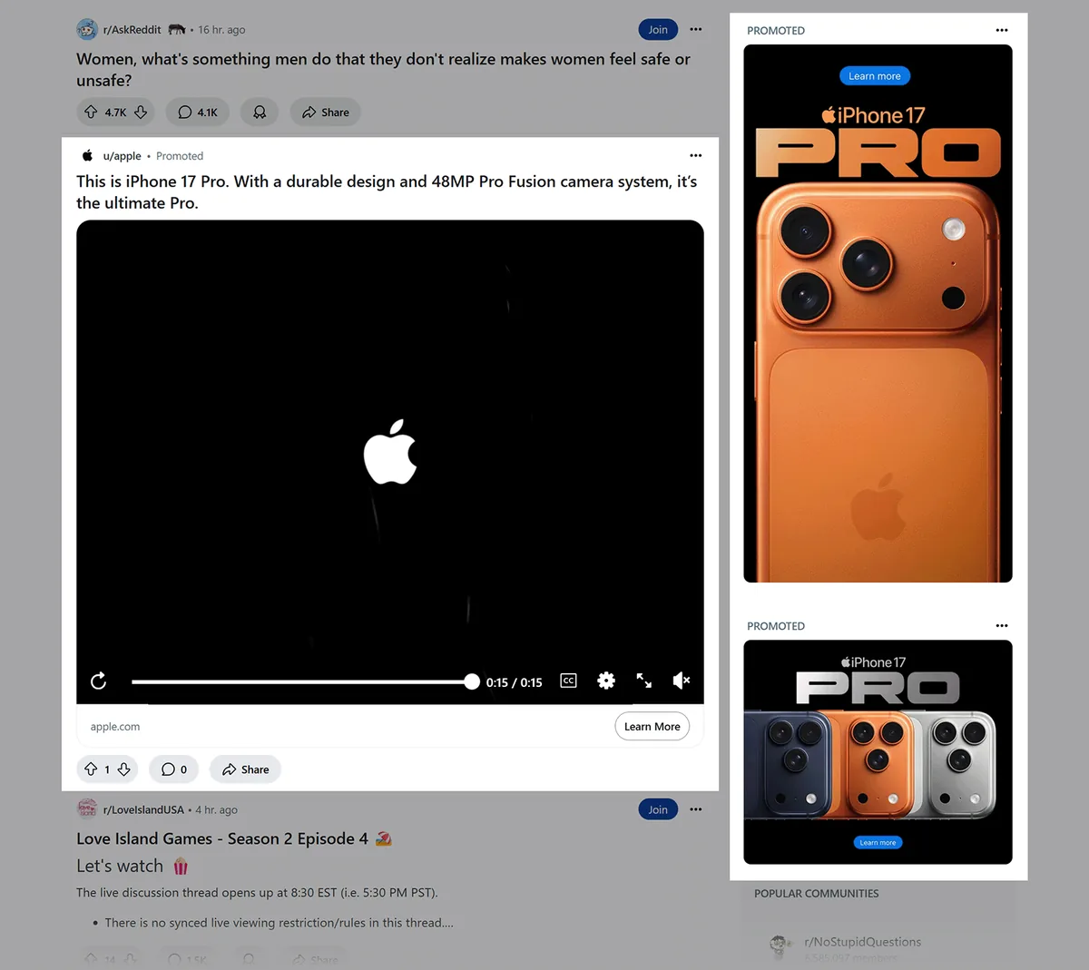 Reddit 信息流中显示 Apple 推广的 iPhone 17 Pro 广告。