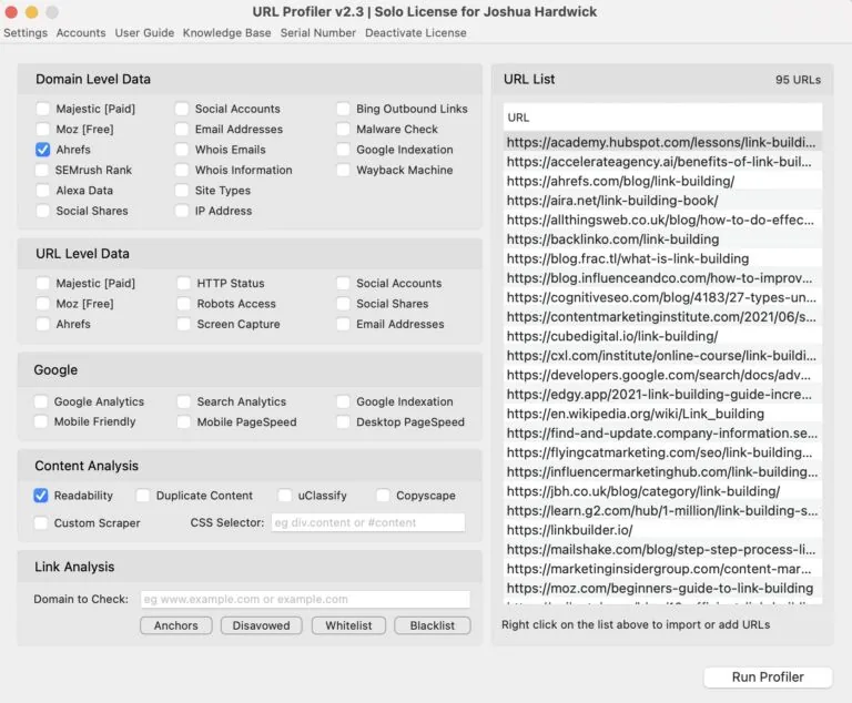 URL Profiler 菜单选项,带有粘贴 URL 的输入框