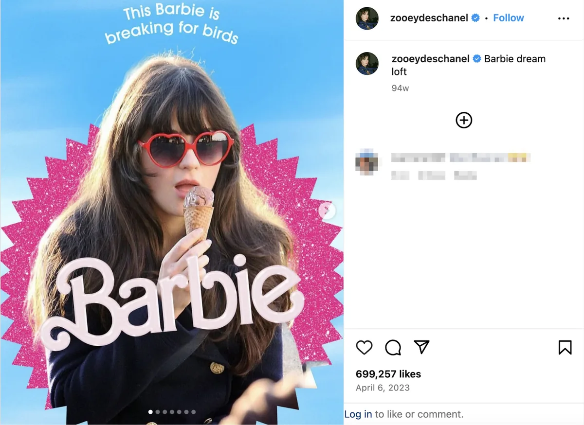 一位名人将带有 Barbie 社交媒体活动滤镜的图片发布到 Instagram。