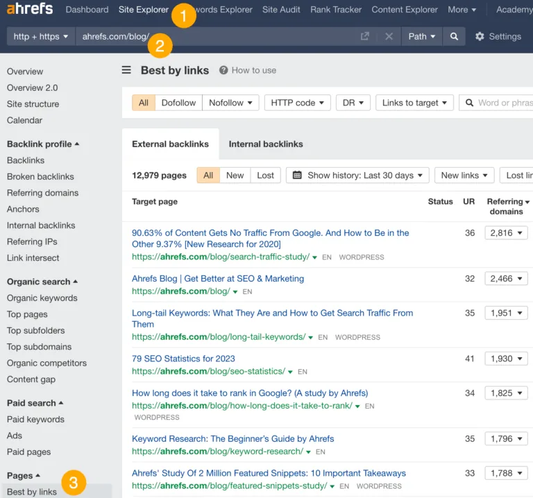通过 Ahrefs 的 Site Explorer 使用 Best by links 报告寻找链接诱饵机会