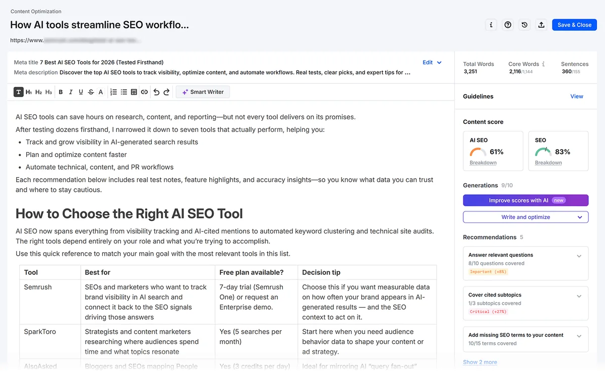Semrush Enterprise Content Optimization 工具显示内容得分和 SEO 建议