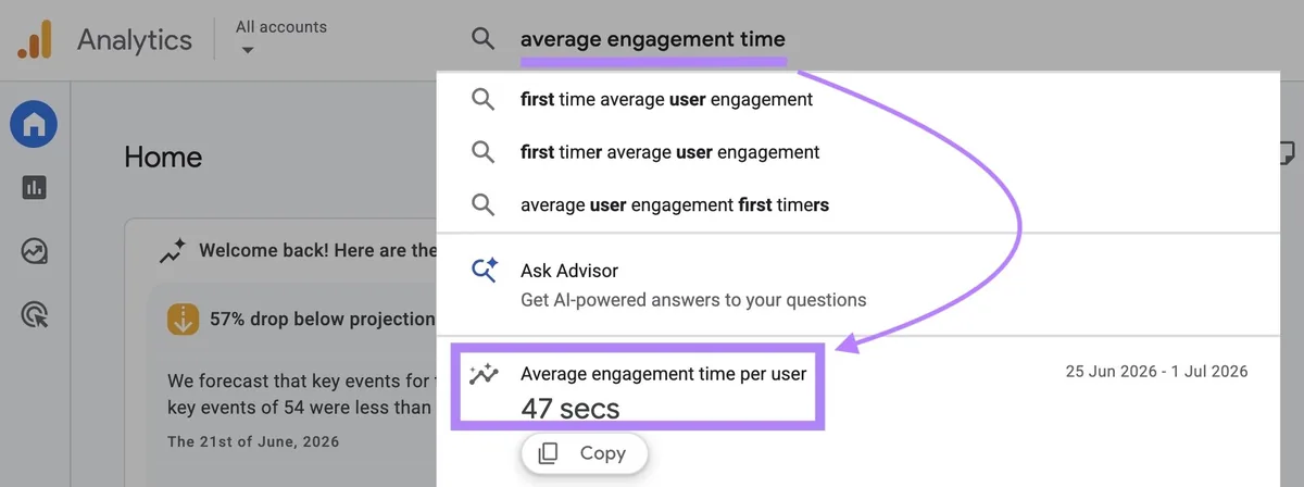 在 GA4 搜索栏中输入的“average engagement time”,该指标会直接显示在下方。