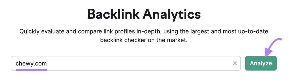 Backlinks 工具起始界面,域名输入“chewy.com”并点击“Analyze”按钮。