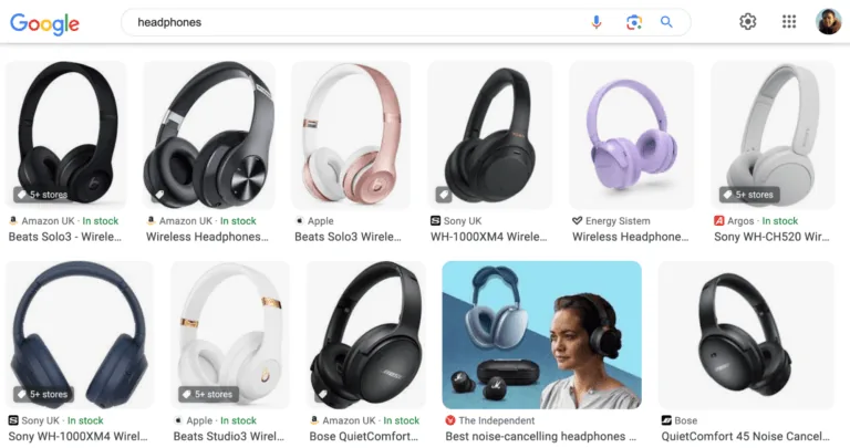 耳机搜索结果页面,来自 Google 图片