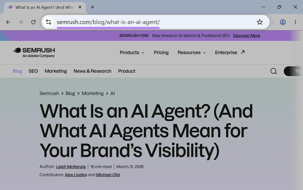 Semrush 博客文章页,标题为“What Is an AI Agent?”,URL 高亮