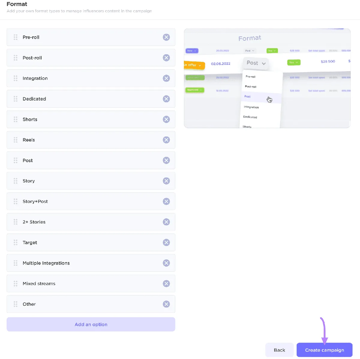 Influencer Analytics 界面，用于在达人营销活动中选择内容形式，并有“Create campaign”按钮。
