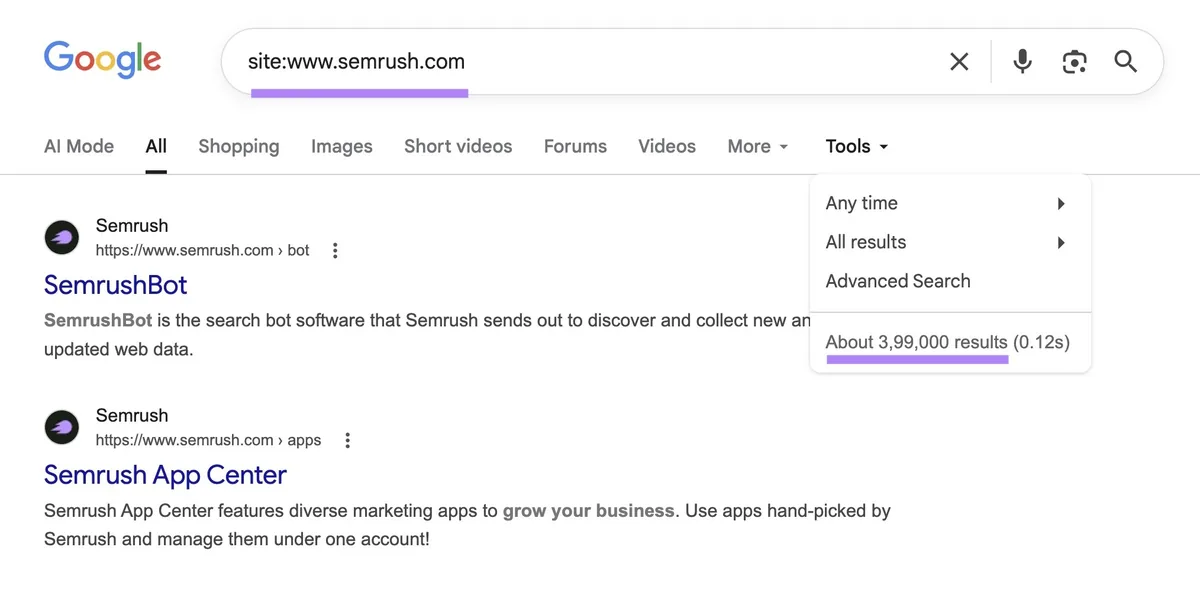 Google 对“site:www.semrush.com”搜索显示约 3,99,000 条结果。