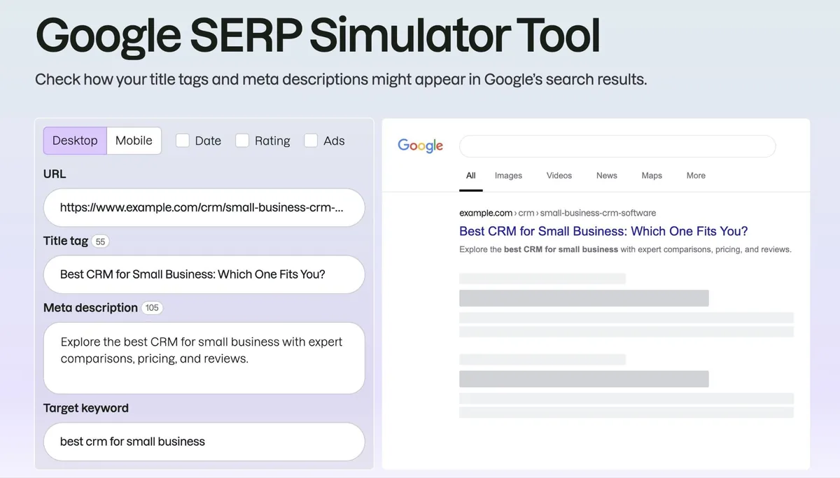 Google SERP 模拟工具,已输入 URL、标题标签和元描述,预览其在搜索结果页面上的显示效果。