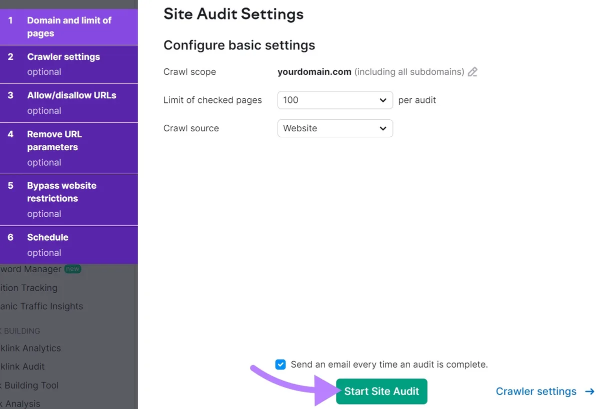 “Site Audit Settings”窗口