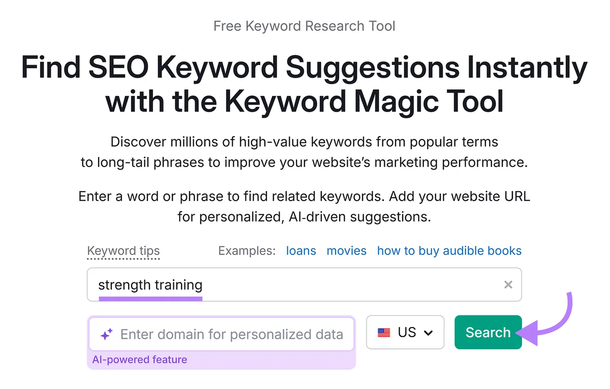 Keyword Magic Tool 搜索界面,用于从种子关键词中寻找关键词创意。