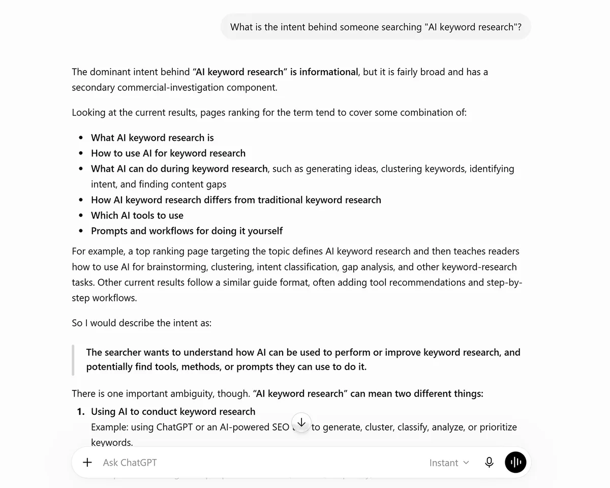 ChatGPT 解释“AI keyword research”背后的信息型和商业型搜索意图