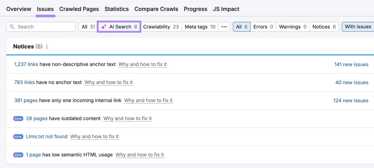 Site Audit Issues 点击“AI Search”,显示阻止网站进入 AI Overviews 排名的问题。