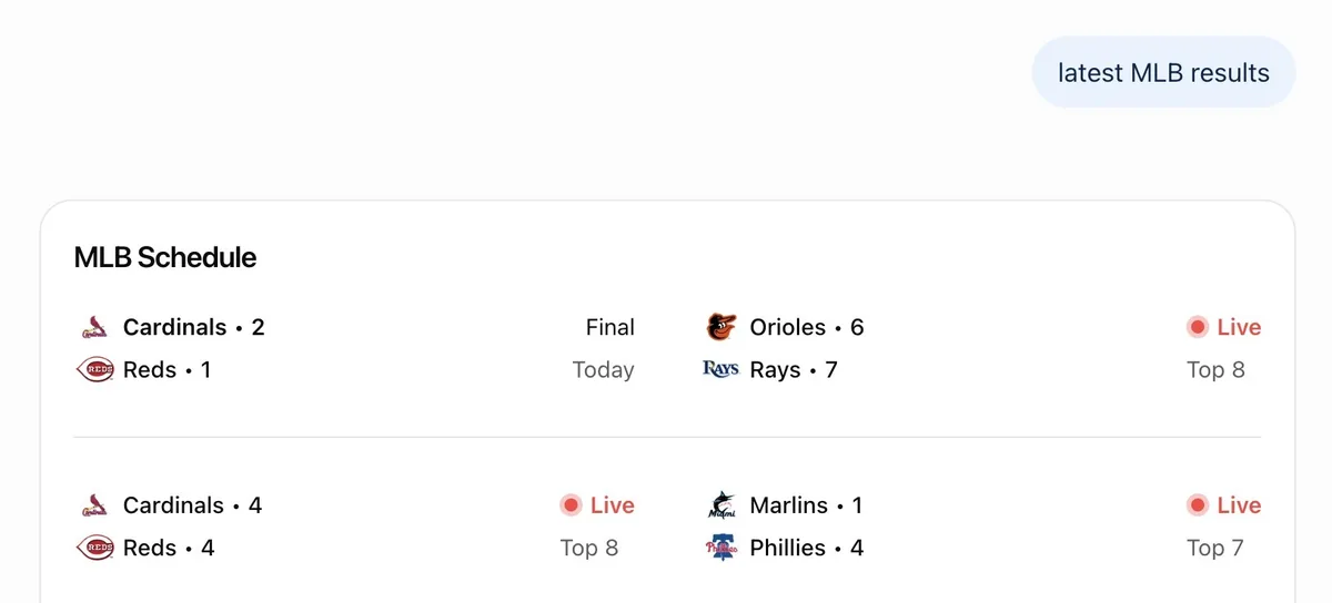 在 ChatGPT 上输入的“latest MLB results”，显示进行中和刚刚结束比赛的实时信息。