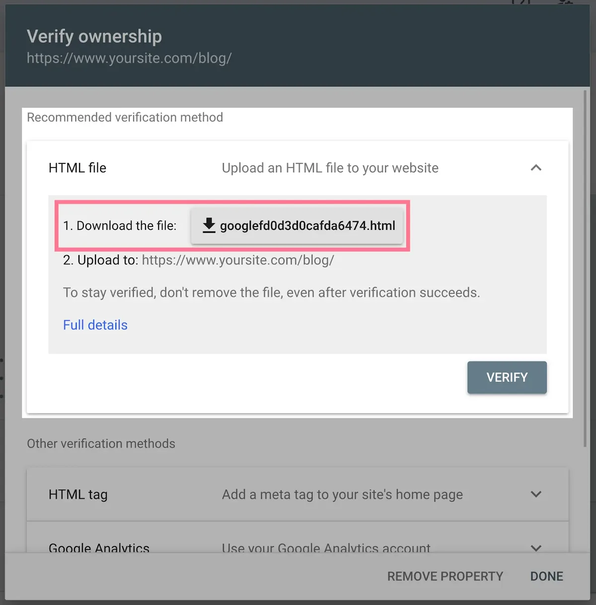 Google Search Console URL 前缀验证界面,高亮显示 HTML 验证文件的下载