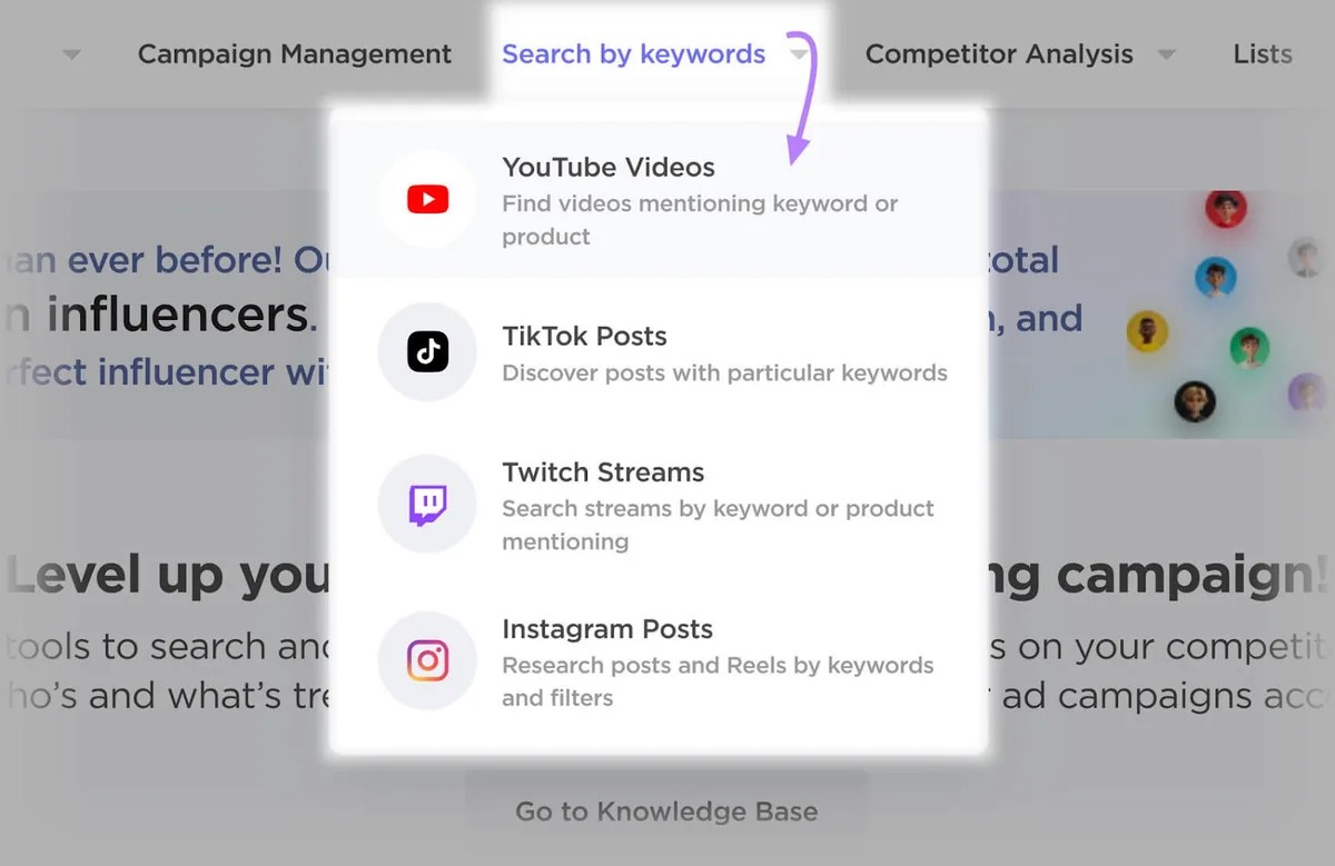 “Influencer Analytics”中的“Search by keywords”下拉菜单已打开，重点显示用于查找 YouTube 视频的选项。