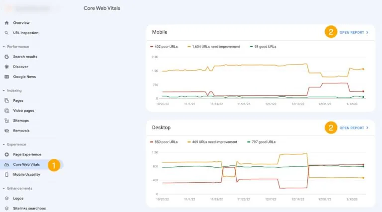 Google Search Console 中的 Core Web Vitals 报告。