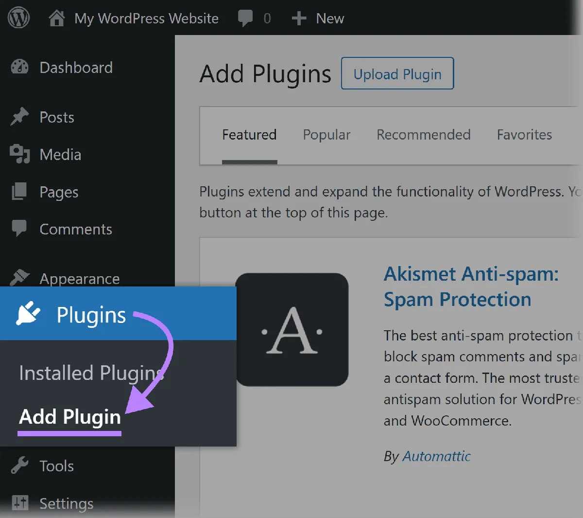 WordPress 后台菜单，箭头从“Plugins”指向“Add Plugin”子菜单选项。