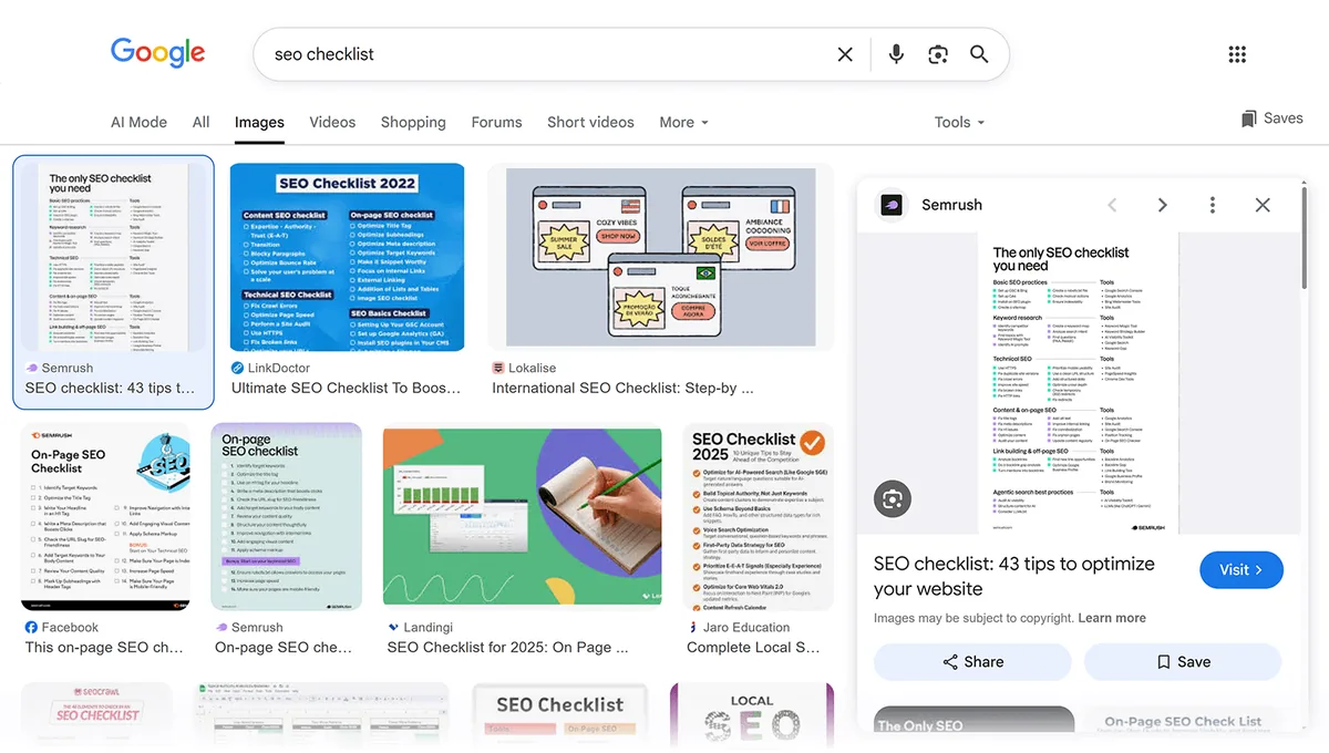 Google 图片中“seo checklist”的结果,展示来自多个网站的信息图风格 SEO 清单图形