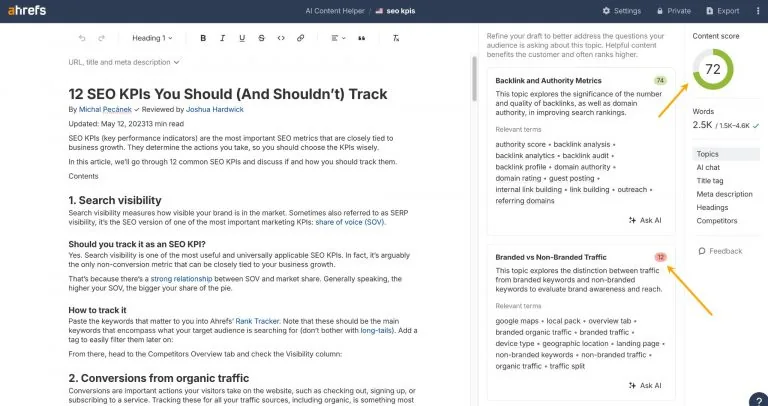 Ahrefs AI Content Helper 截图,展示 SEO 文章编辑器,内容得分为 72,右侧为主题建议面板