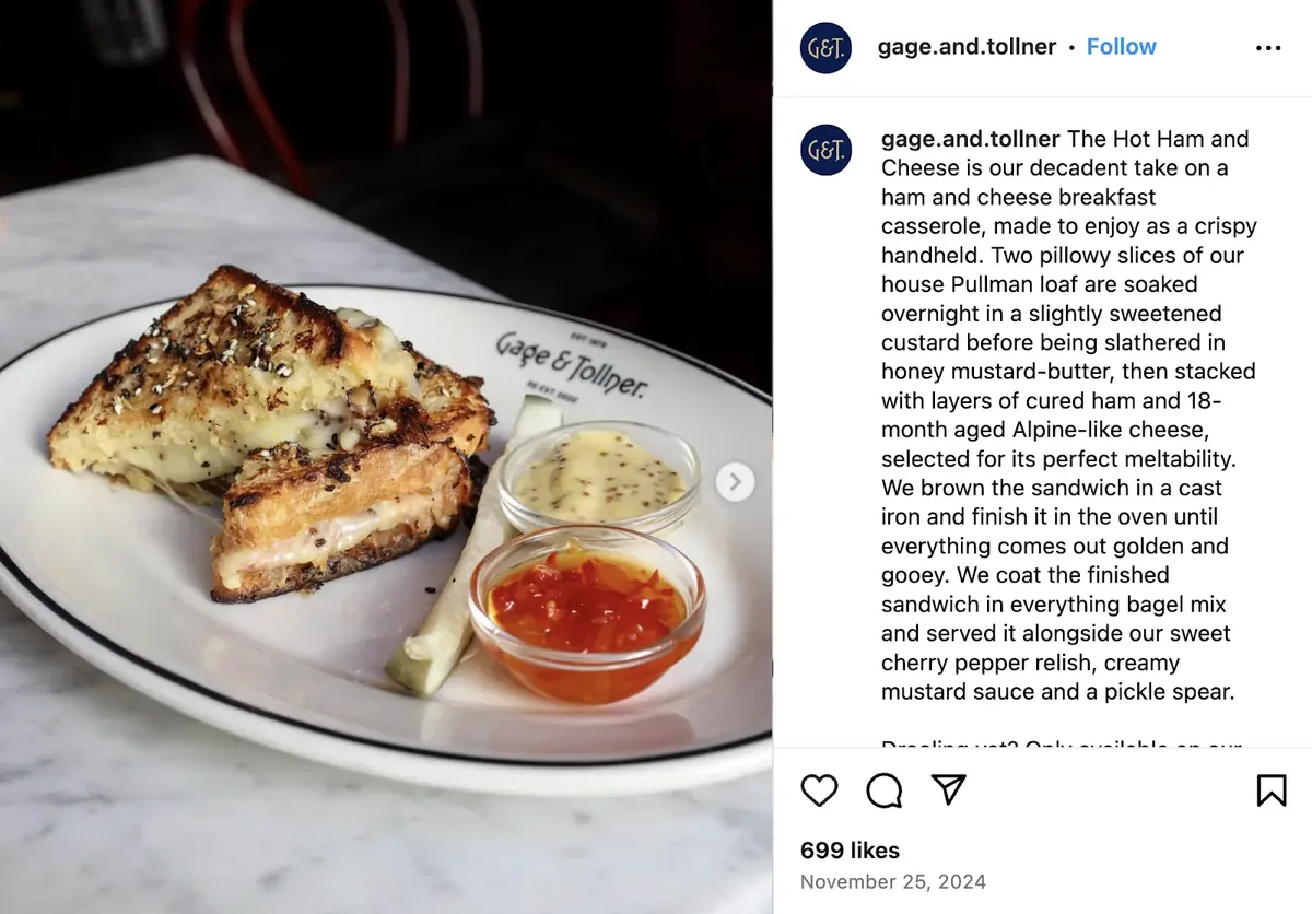 Gage & Tollner 讨论食谱和烹饪技巧的 Instagram 帖子。