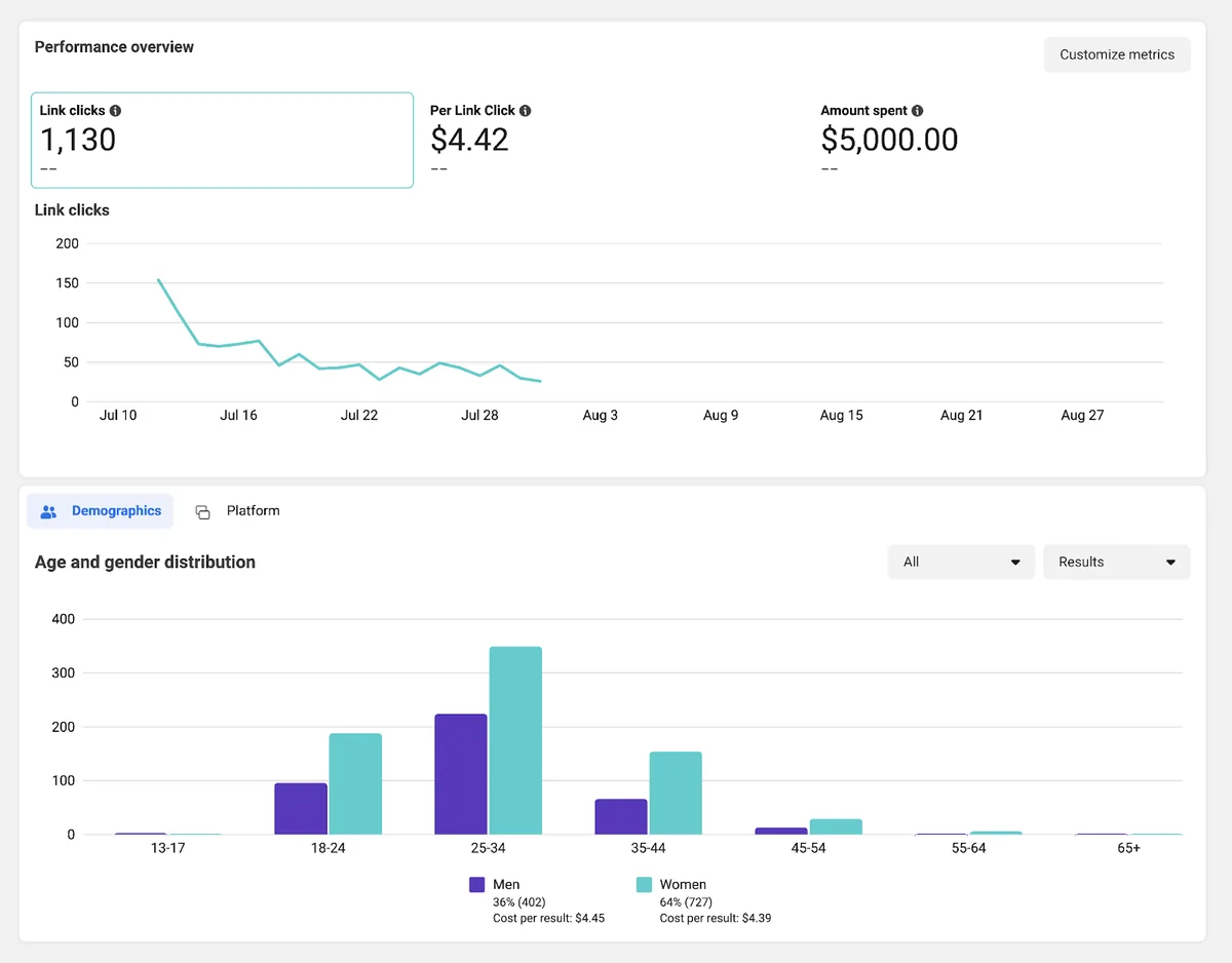 Meta Ads Manager 中的“Performance overview”报告