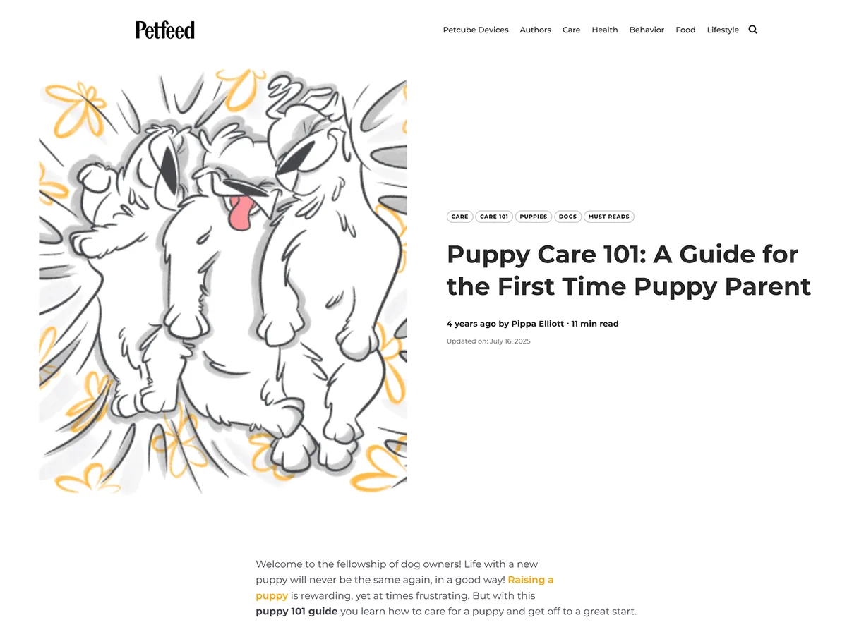 Petfeed 的支柱文章,标题为“Puppy Care 101: A Guide for the First Time Puppy Parent”