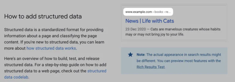 Google SEO 文档中的面包屑结构化数据示例