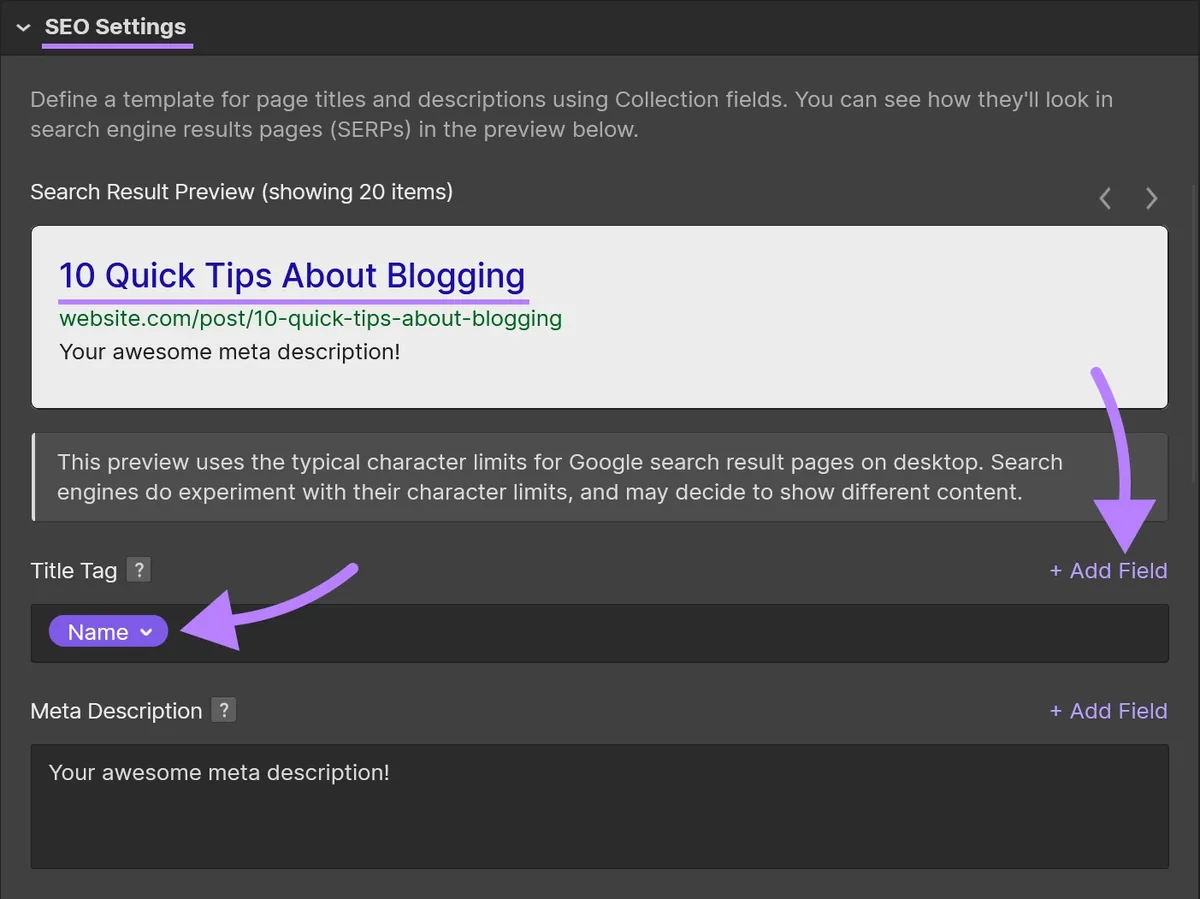 Webflow 中的“SEO Settings”
