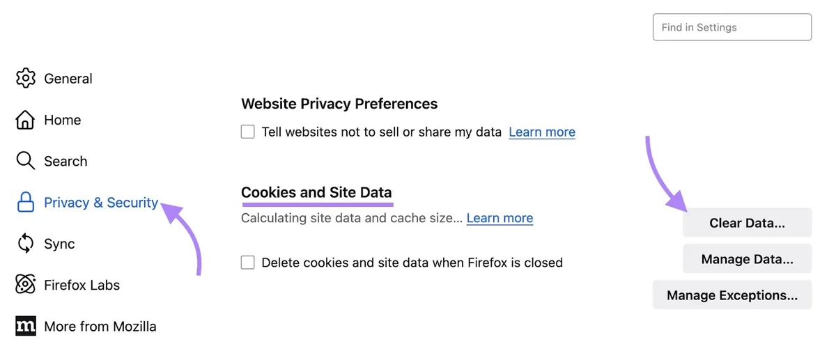 Firefox 上的“Privacy and Security”设置，点击了“Cookies and Site Data”下的“Clear Data...”。